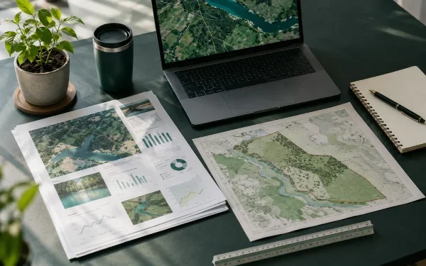 Mesa de trabalho com relatório técnico ambiental, mapas e notebook